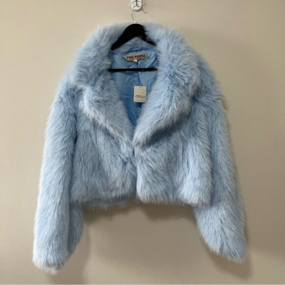 Free People Paris Cropped Faux Fur Jacket Size L in Ice Water - Picture 6 of 16